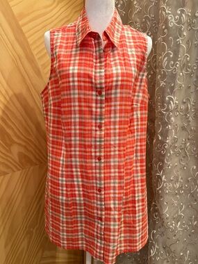 Liz Claiborne cotton Sleeveless Button-Front Plaid Tunic in Coral and White